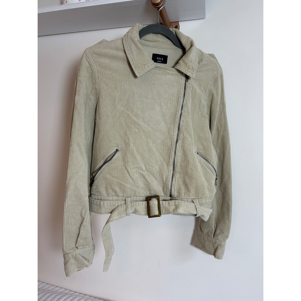 VICI Corduroy Moto Jacket Belted Cropped Beige Womens Size Small